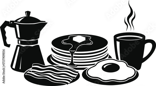 Black and white illustration of a classic breakfast spread