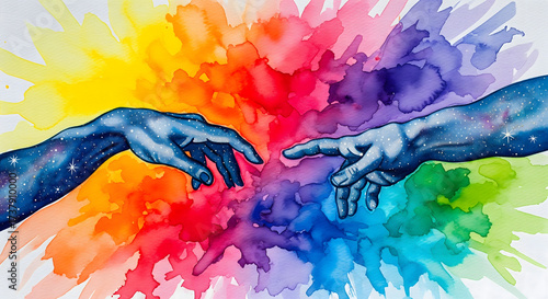Two cosmic hands reaching towards each other amidst a vibrant watercolor explosion of color