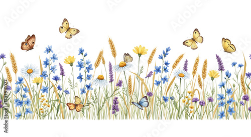 Vibrant meadow border with daisies blue flowers wheat lavender and butterflies