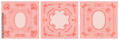 Coquette Vintage Girly Frame Collection. Retro decorative elements, pastel floral borders, whimsical vintage divider and corner