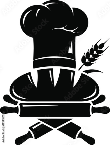 Chef hat bread rolling pins wheat bakery emblem