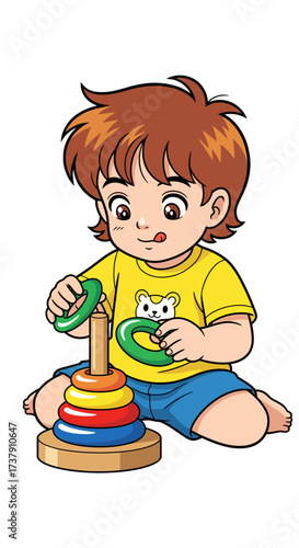 Cute cartoon toddler boy playing with a colorful ring stacker toy for early development