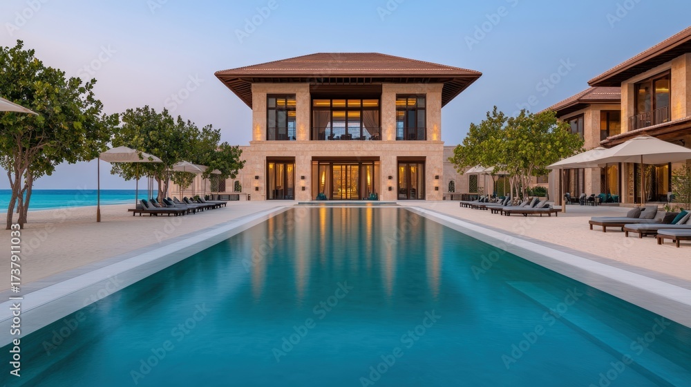 Fototapeta premium Luxurious villa by the beach with a stunning infinity pool, surrounded by lounge chairs and palm trees, Ideal for advertising vacation rentals, luxury travel, or real estate listings,