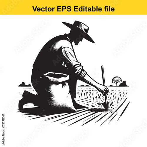 Vector art of farmer planting seeds in a field