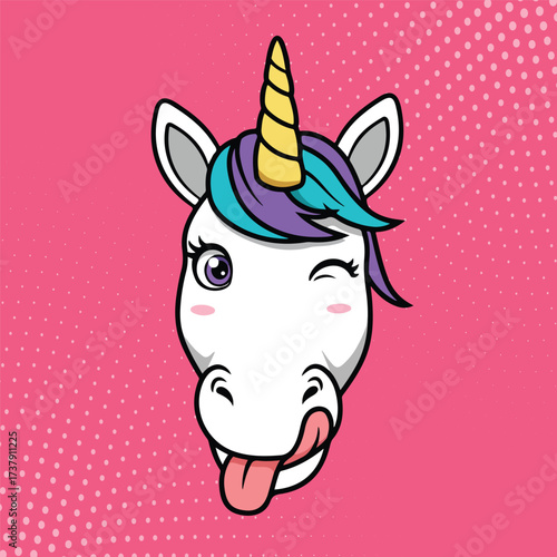 Whimsical cartoon unicorn face with colorful mane and playful tongue flick