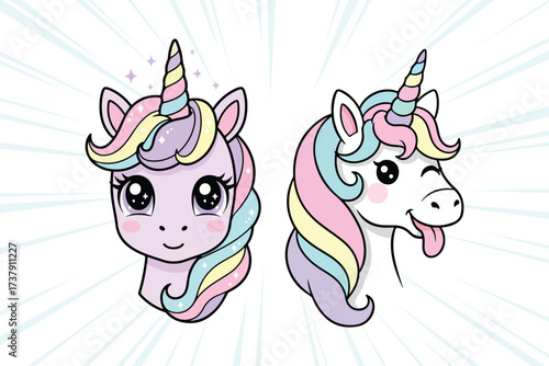 Two adorable cartoon unicorn heads with rainbow manes and tails