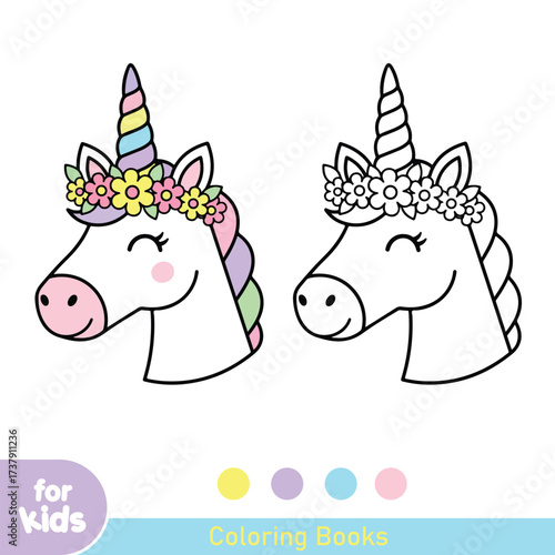 Adorable unicorn coloring page with colorful floral wreath and rainbow mane