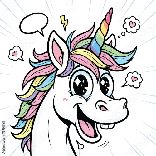 Whimsical cartoon unicorn with rainbow mane and expressive eyes in a joyful pose