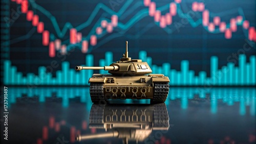 Military tank with stock market graph background symbolizing war economy and financial crisis

