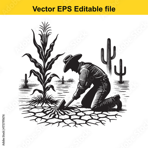 Vector art of farmer tending to a corn plant in a dry, arid landscape with cacti