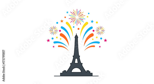 Celebratory eiffel tower illustration with vibrant fireworks and festive elements in vector format
