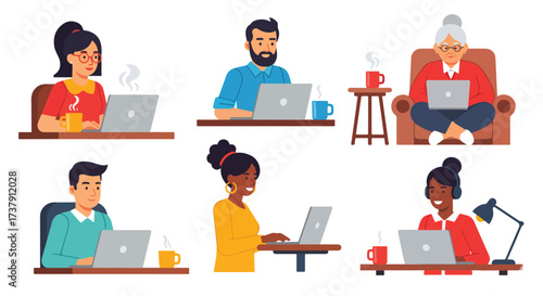 Diverse group of people working remotely on laptops in comfortable home or office settings