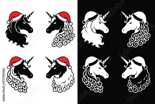 Festive unicorn heads adorned with santa hats in contrasting black and white designs