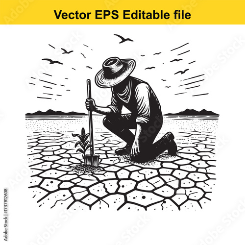 Vector art of farmer planting a seedling in cracked dry earth