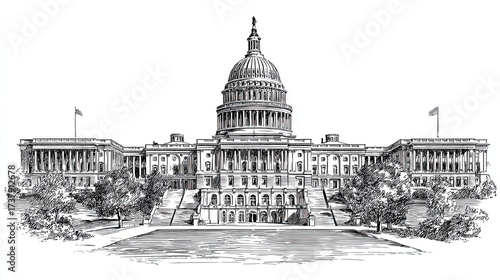 United States Capitol engraving sketch classic historic architecture detailed line drawing illustration