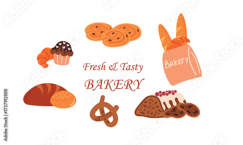 Fresh baked goods inscription surrounded by sweet pastries, bread, and croissants