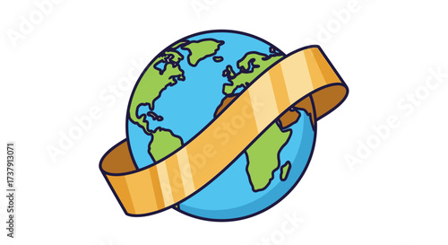 Vibrant illustration of Earth with golden ribbon symbolizing global celebration and unity