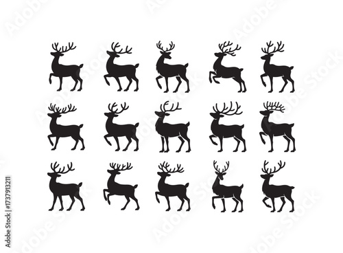 Christmas Reindeer Vector Silhouette Set, Deer Icon Bundle for Winter Holiday, Santa Sleigh Decoration, Festive Animal Clipart, Xmas Party Graphic, Seasonal Celebration and Holiday Design Elements