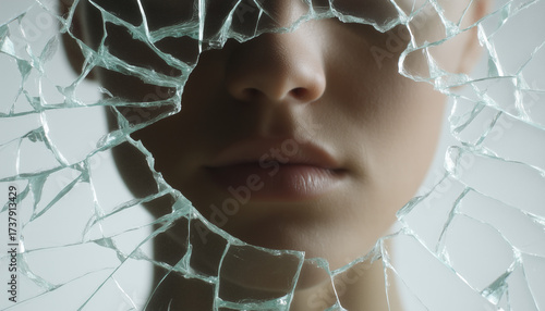 A face partially obscured by shattered glass, conveying vulnerability.