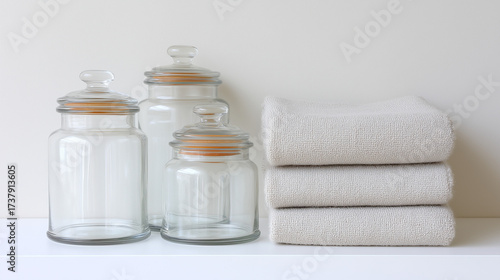 Clear glass jars with towels on a shelf against a neutral background.