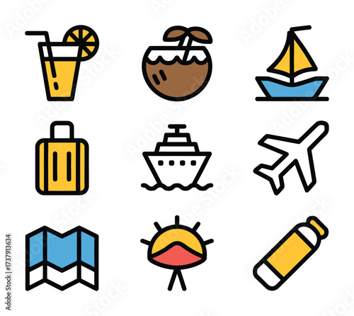 Travel and Vacation Color Icons Pack for Tourism Design
