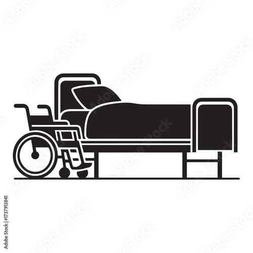  A stark black and white vector illustration featuring a single hospital bed positioned centrally within the frame.