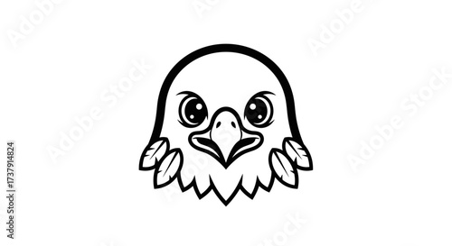 Black and white cartoon eagle head looking forward isolated flat illustration