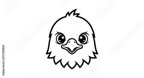 Black and white cartoon eaglet head isolated flat illustration