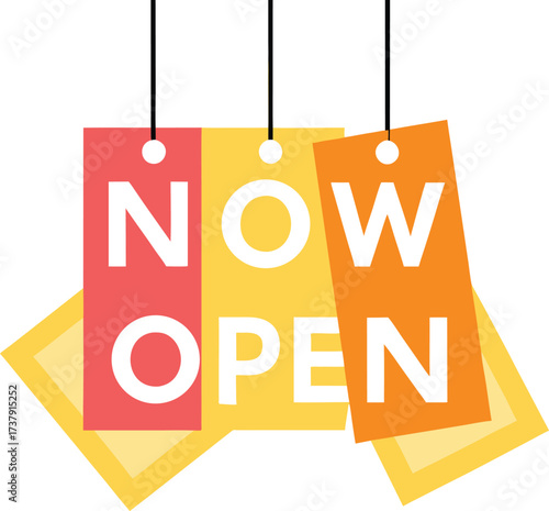 Now Open Sign With Hanging Tags And Yellow Background Elements retail business