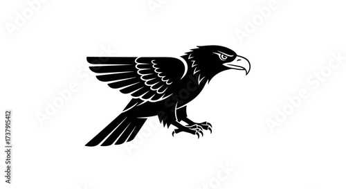 Stylized black eagle with open wings isolated on white flat illustration