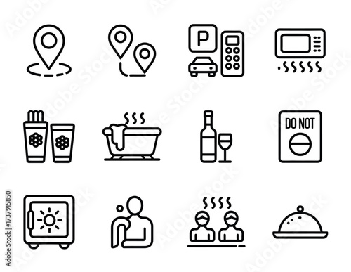 Hospitality and spa line icons set hotel services travel vacation