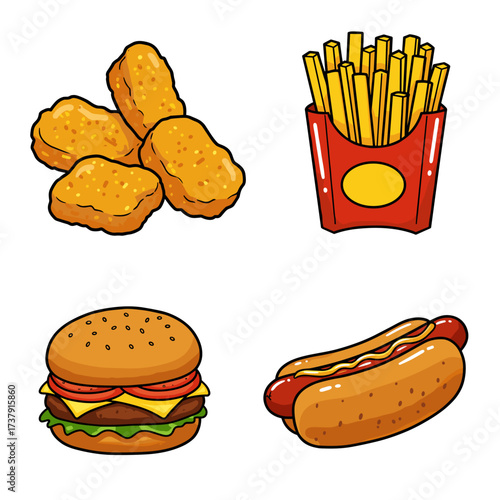 Collection of Children's Meals themed icons: Chicken Nuggets, French Fries, Mini Burger, Hot Dog  