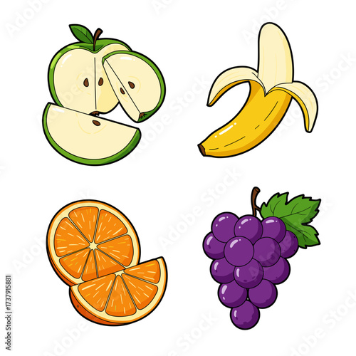 Collection of Children's Meals themed icons: Apple Slices, Banana, Orange Wedges, Grapes  