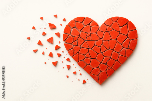 A red heart assembled from broken shards.