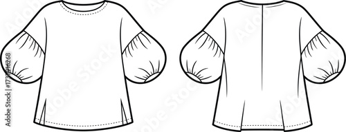 Fashion blouse flat sketch, puff sleeve top CAD drawing, garment vector template, women apparel design, clothing technical illustration, sewing pattern