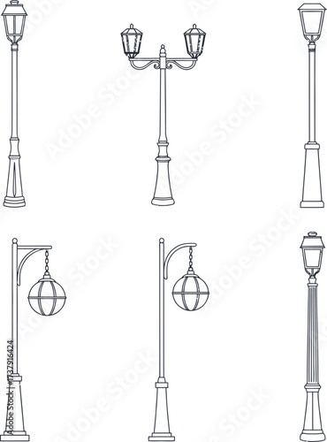 Set of Vintage Street Lamps and Lantern Post Vector Illustrations – Classic, Retro, and Minimal Lamp Post Designs in HD Quality