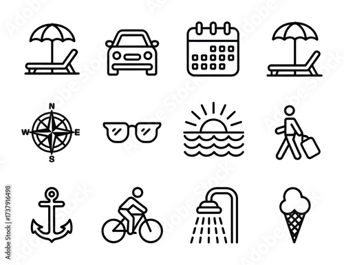 Travel and vacation line icons set holiday summer tourism leisure symbols