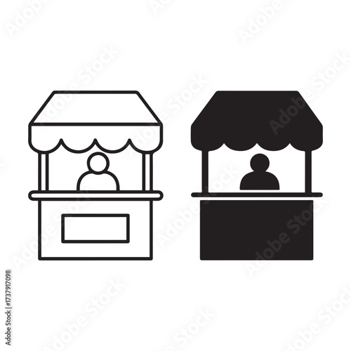 Outlined and Filled Market Stall Icons with Person, Counter, Sign, and Canopy.