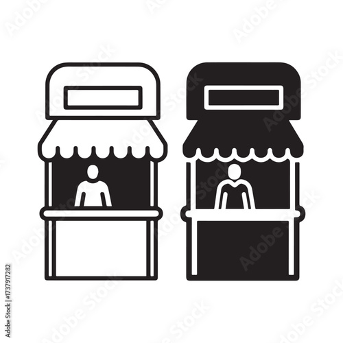 Outlined and Filled Market Stall Icons with Person, Counter, Sign, and Canopy.