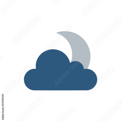 Weather icon depicting cloud covering a crescent moon, minimal flat design, blue and gray, nighttime forecast