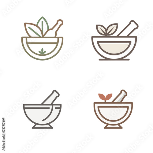 Herbal medicine mortar and pestle icons set