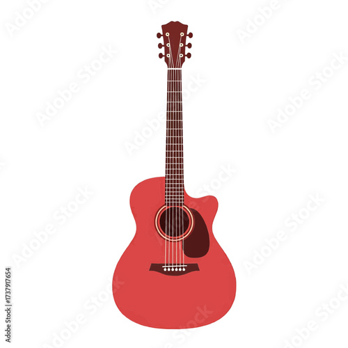 Acoustic folk guitar with cutaway body shape, flat vector style, red and brown, music and performance