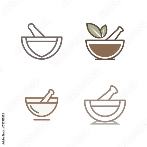 Set of four mortar and pestle icons representing different stages of preparation