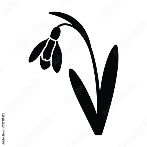 Simple black silhouette of a snowdrop flower with leaves