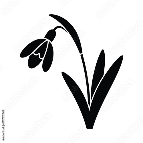 Simple silhouette of a snowdrop flower with leaves