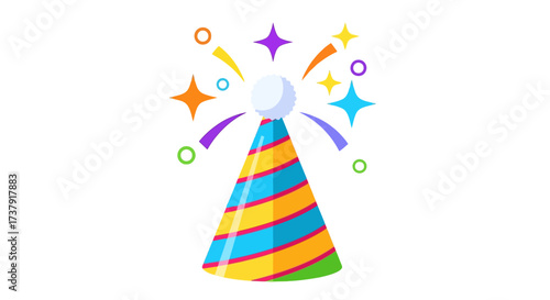 Festive party hat adorned with colorful stars and confetti, celebrating joy and cheerful moments