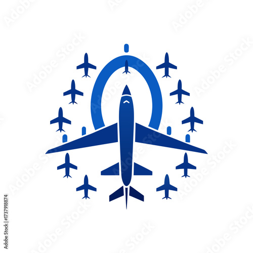 Blue airplanes arranged in circular form on transparent background