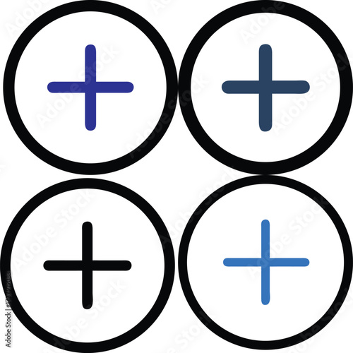 A graphic depiction of four plus symbols arranged in a square. Each symbol is contained within a circle