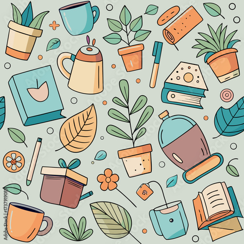 Cozy home and study elements seamless pattern