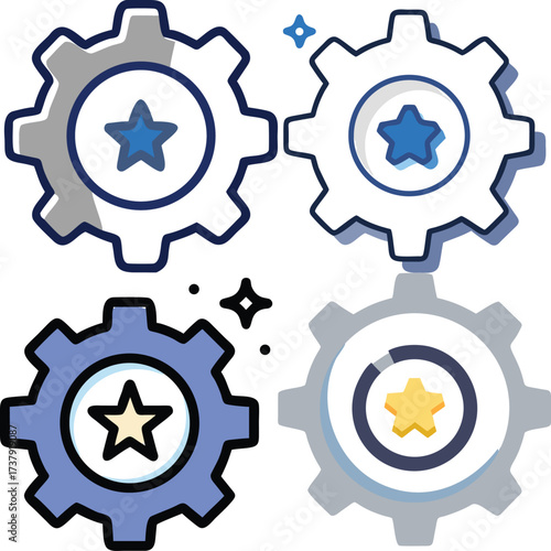 Four gears with a star inside. The gears have a cogwheel design with a star symbol in the center, representing settings or progress. The image embodies ideas like innovation, efficiency.